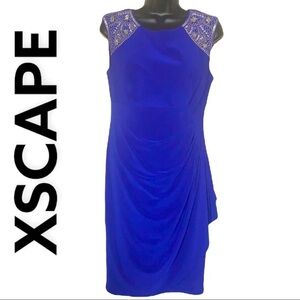XSCAPE Royal Blue Embellished Evenings Women’s Side Ruched Dress Size 8